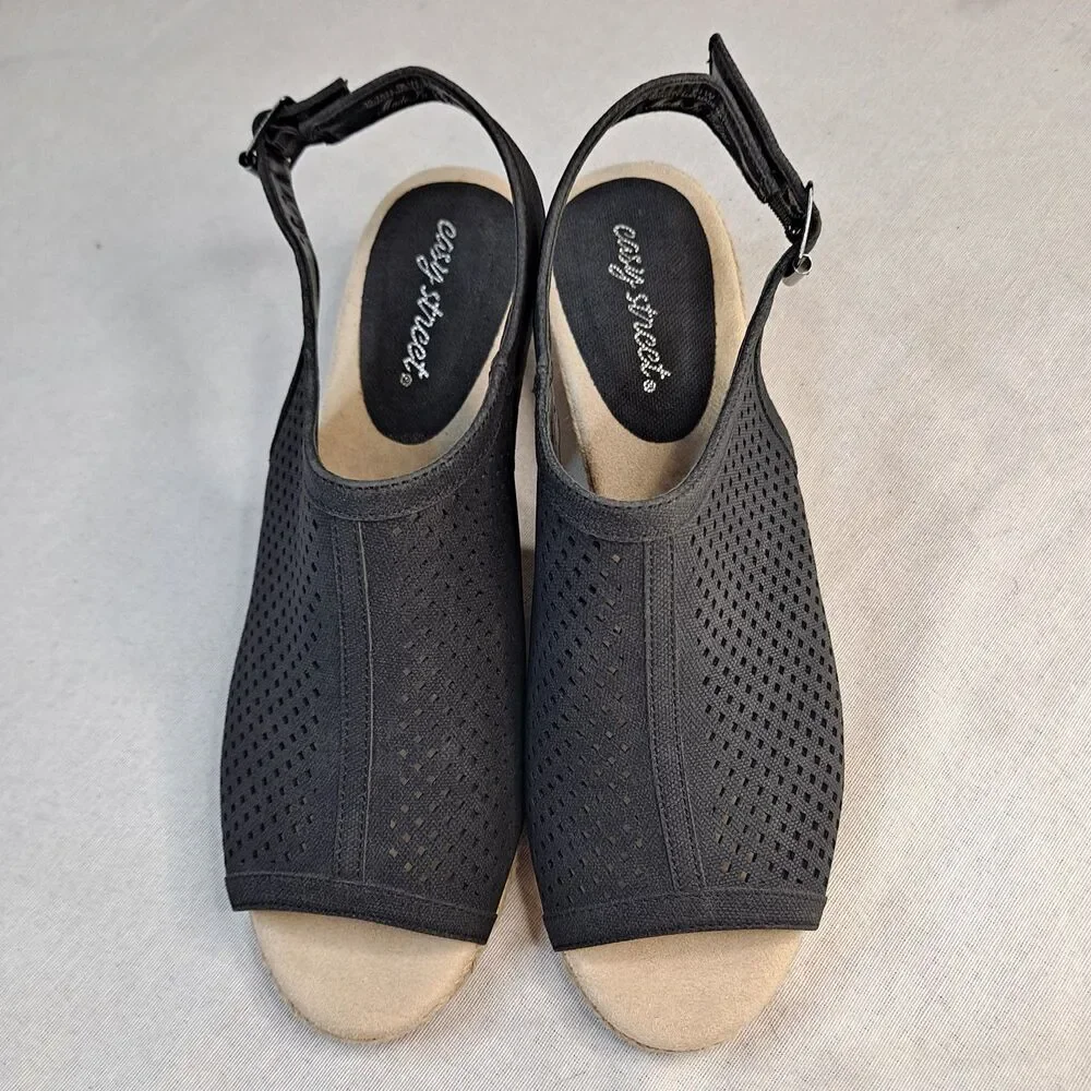Easy Street Women's Stacy Espadrille Sandals Size 9.5W Black Perforated Wedges